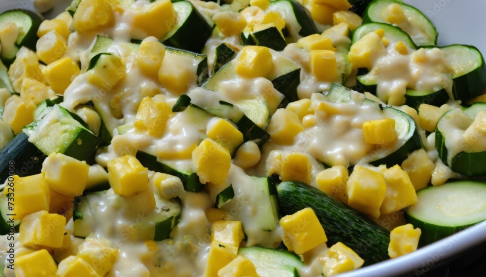 A plate of vegetables with corn and cucumbers A plate of vegetables with corn and cucumbers