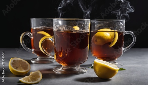 Three glasses of tea with lemon slices floating in them