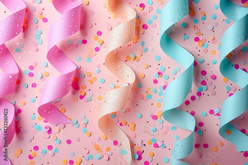 A vibrant photo showcasing a pink background adorned with pink and blue streamers and confetti. photo