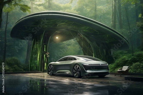 Eco-friendly electric car refueling station in a lush forest, promoting emission-free green energy. Generative AI photo