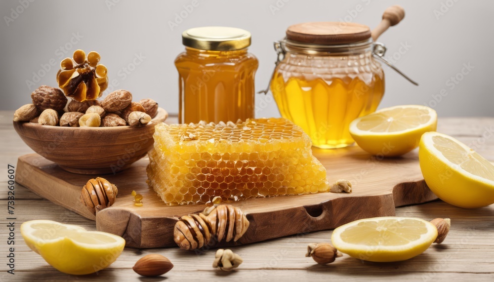 A wooden cutting board with honey, nuts, and lemon slices A wooden cutting board with honey, nuts, and lemon slices