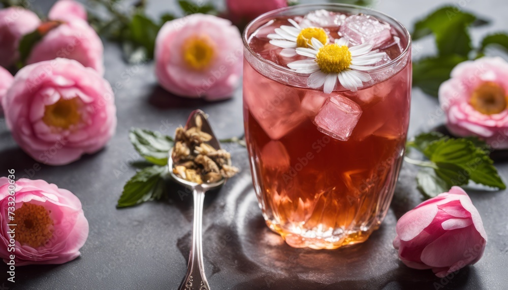 A glass of tea with a flower on top A glass of tea with a flower on top