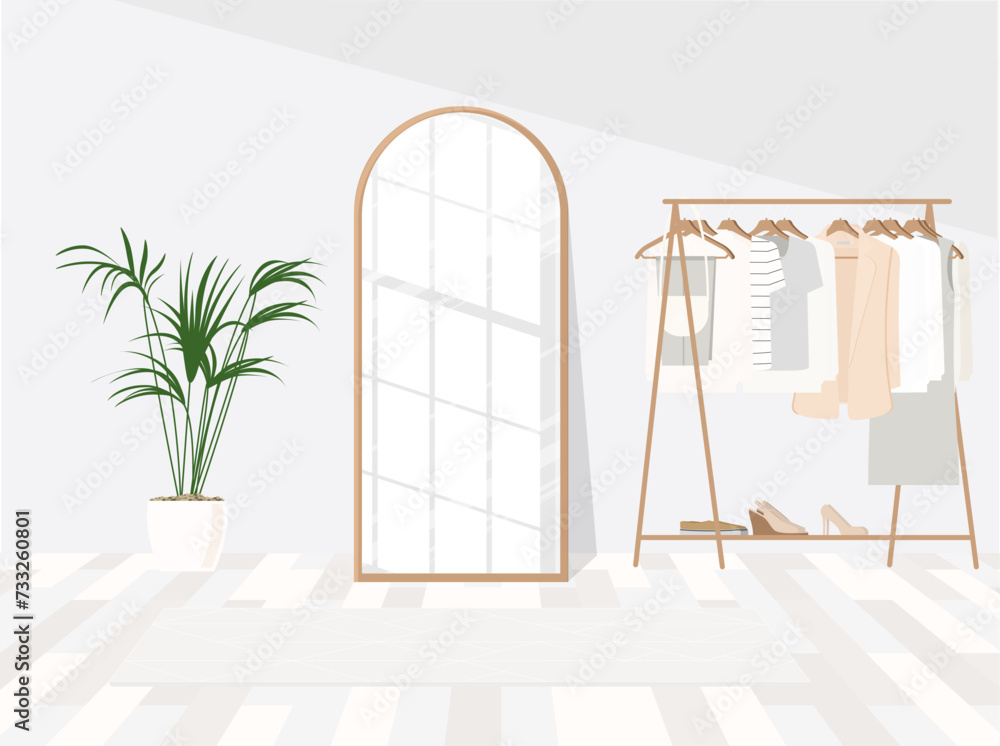 Stylish dressing room interior with mirror, ottoman and clothing rack Stylish dressing room interior with mirror, ottoman and clothing rack