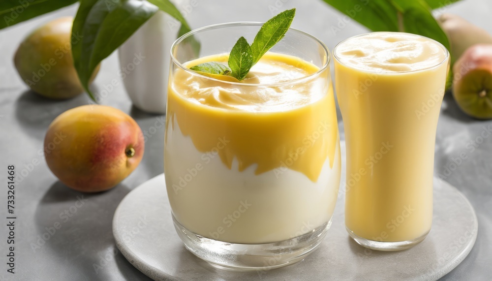 A glass of mango yogurt with a leaf on top A glass of mango yogurt with a leaf on top