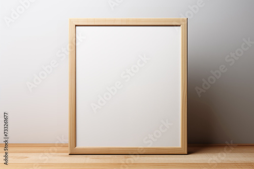Blank white canvas in wooden frame stands on a table on a white background.