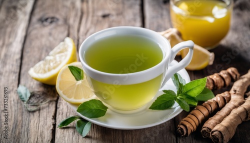 A cup of tea with lemon and mint leaves