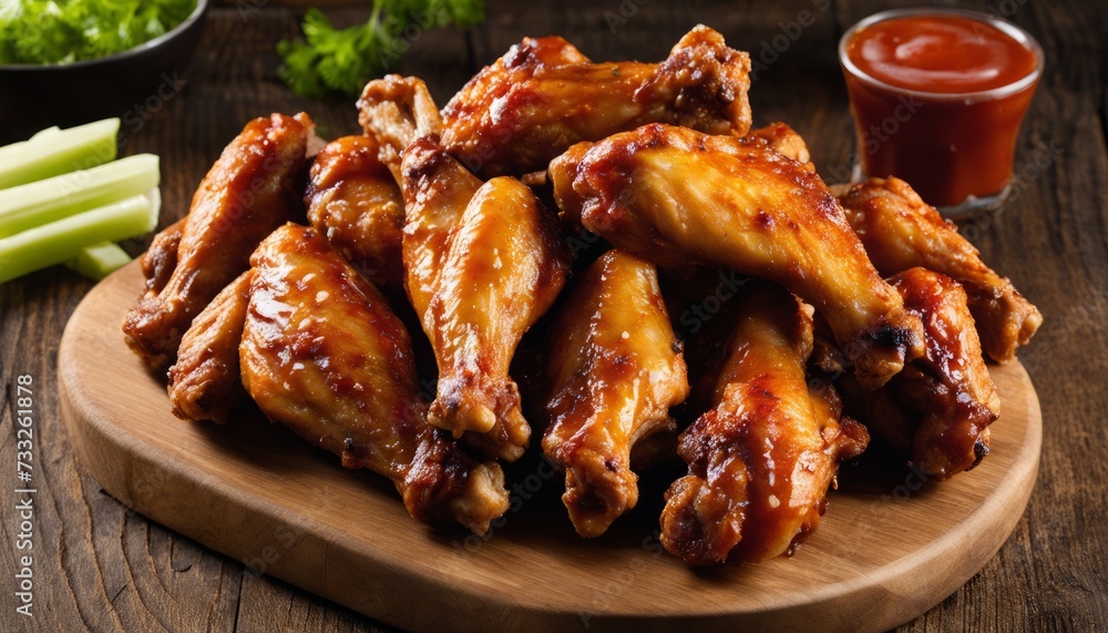A plate of wings with sauce and a bowl of sauce