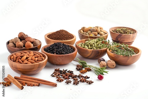 Variety of Fresh Organic Spices and Herbs in Wooden Bowls on White Background