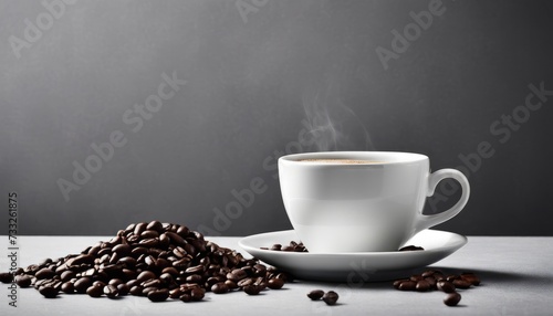 A cup of coffee with a spoon in it and a pile of coffee beans