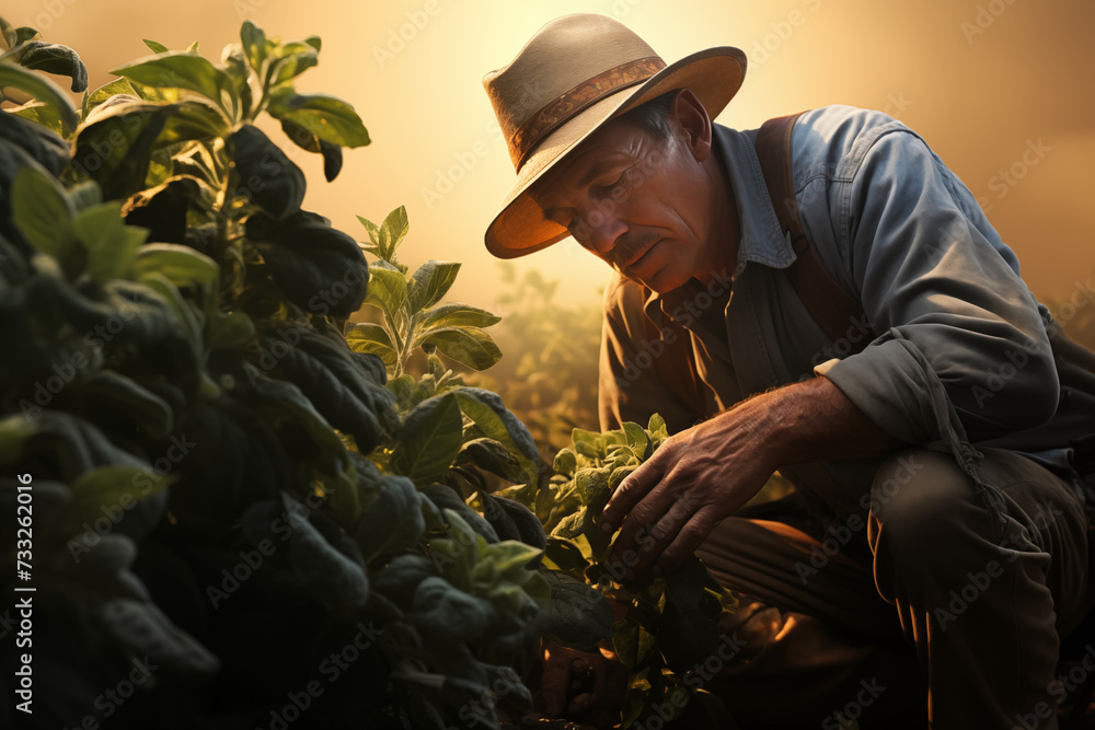 Portrait of a senior farmer working in his garden at sunset.