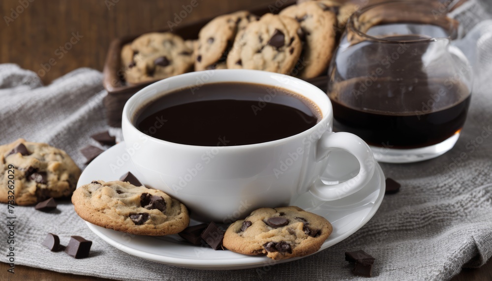 A cup of coffee with chocolate chip cookies on the side A cup of coffee with chocolate chip cookies on the side