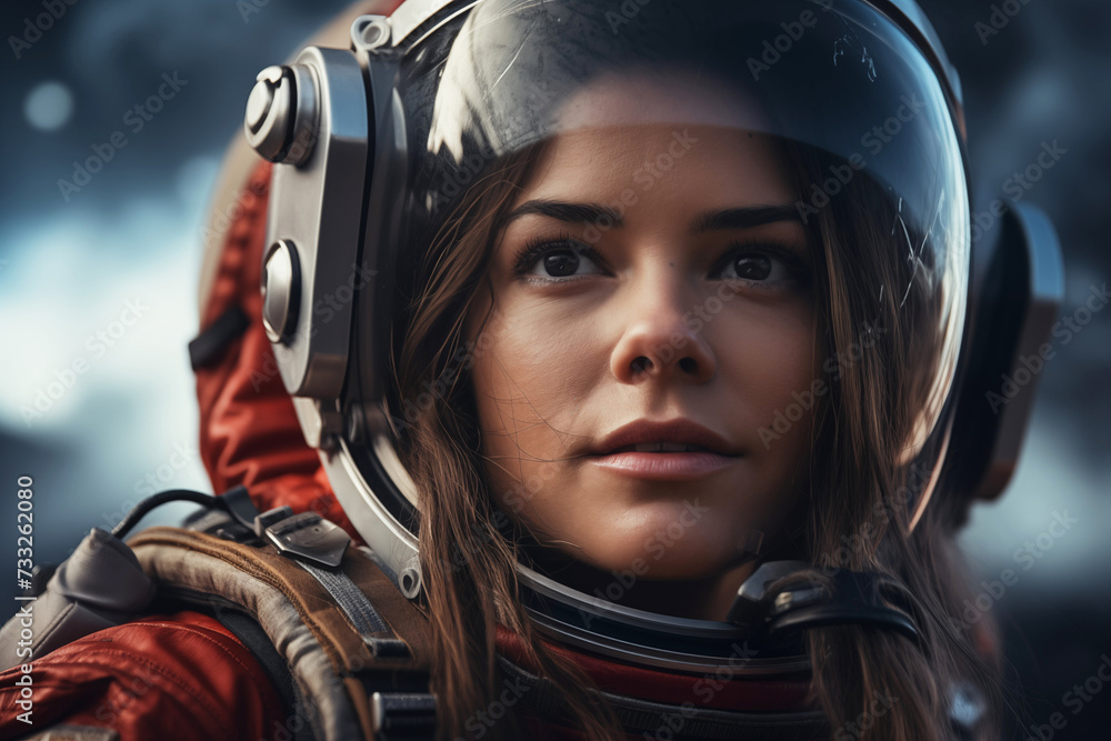 Portrait of a beautiful girl in an astronaut helmet. Cosmonautics.