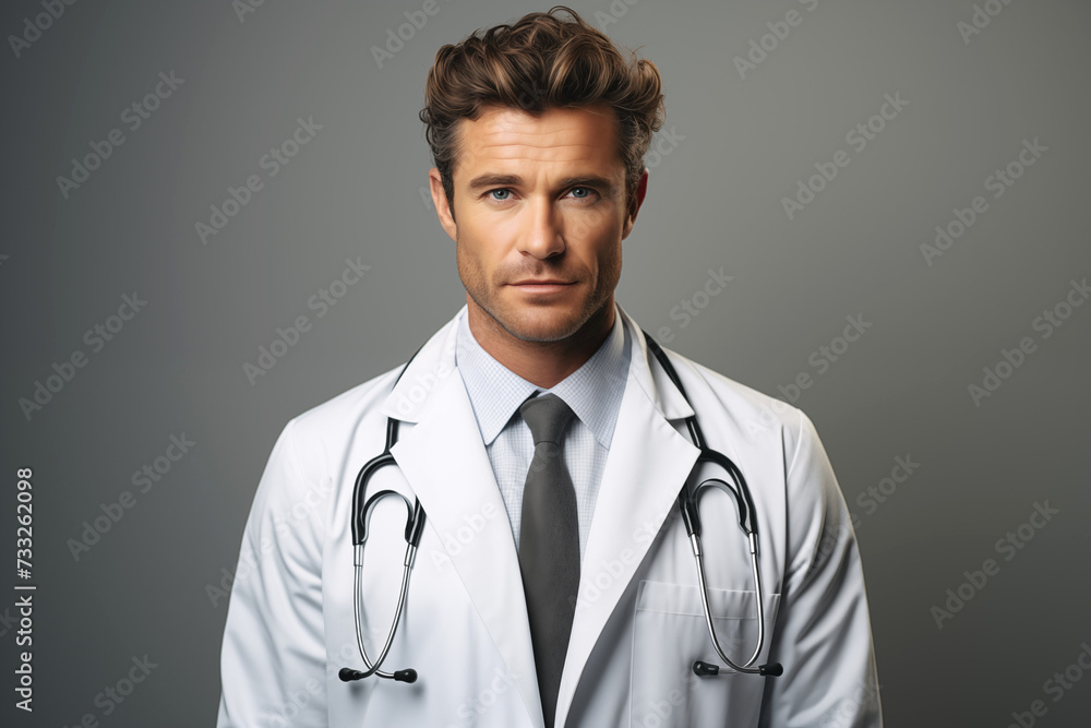 handsome male doctor in white coat looking at camera isolated on grey handsome male doctor in white coat looking at camera isolated on grey