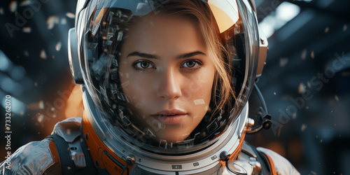 Portrait of an attractive young woman astronaut in a spacesuit.