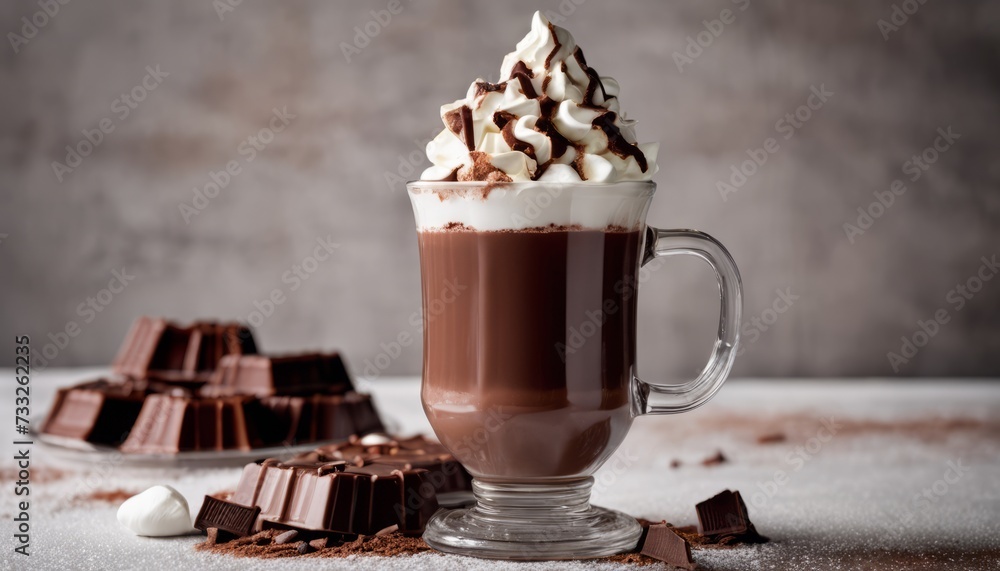 A cup of hot chocolate with whipped cream and chocolate squares A cup of hot chocolate with whipped cream and chocolate squares