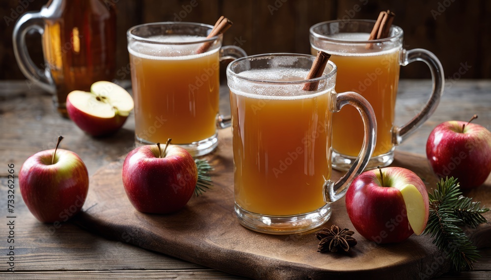 A wooden table with four glasses of cider and apples A wooden table with four glasses of cider and apples