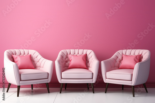 Three empty soft chairs on a pink background. Podcast, conversation.