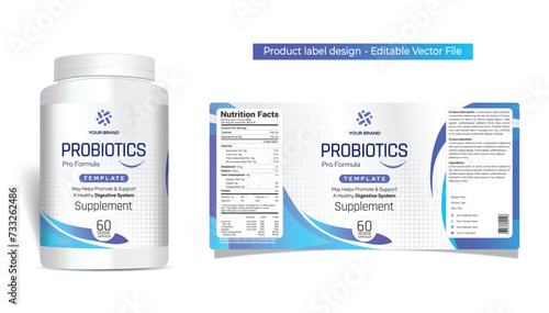 Probiotic supplement label design, Probiotic logo product jar label design, bottle packaging design for capsules pills, creative healthy supplement label, digestive support, editable illustration file
