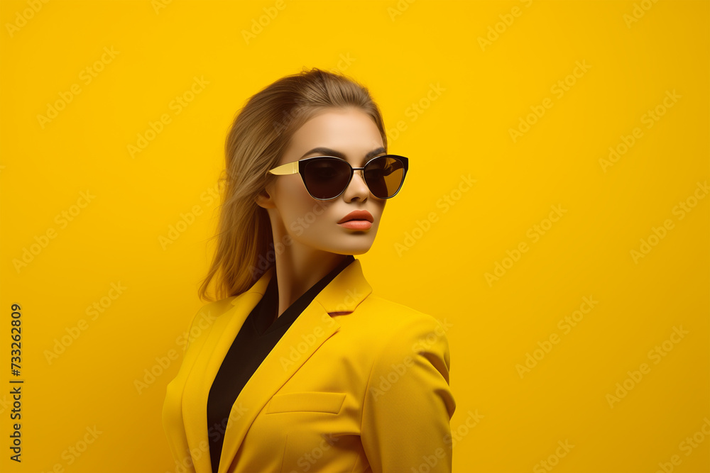 Portrait of a woman in sunglasses on a yellow background. Portrait of a woman in sunglasses on a yellow background.