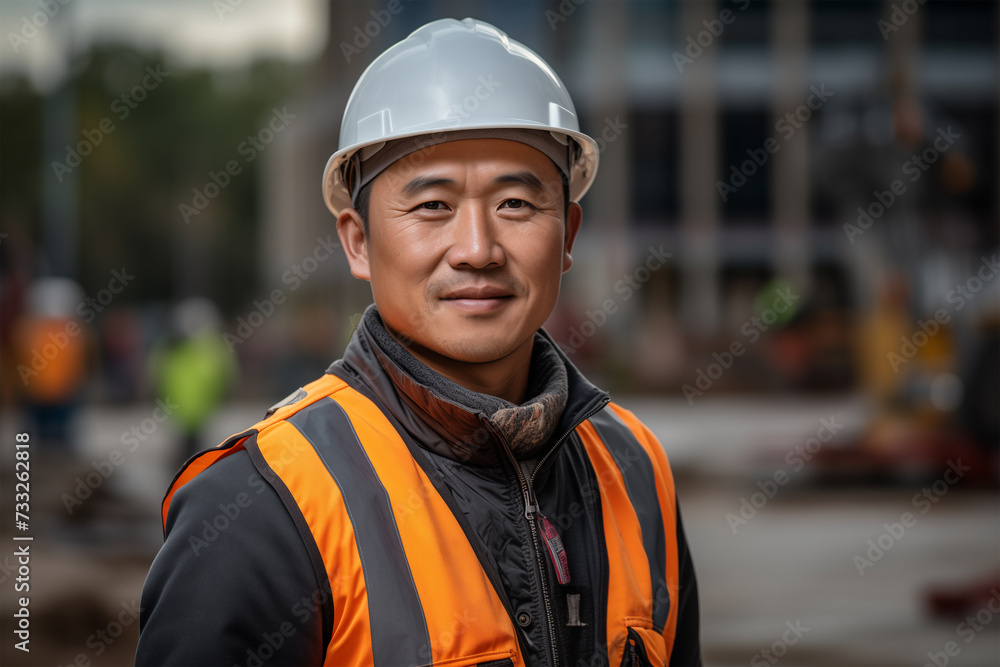 Asian engineer in construction uniform stands on city construction site. Asian engineer in construction uniform stands on city construction site.