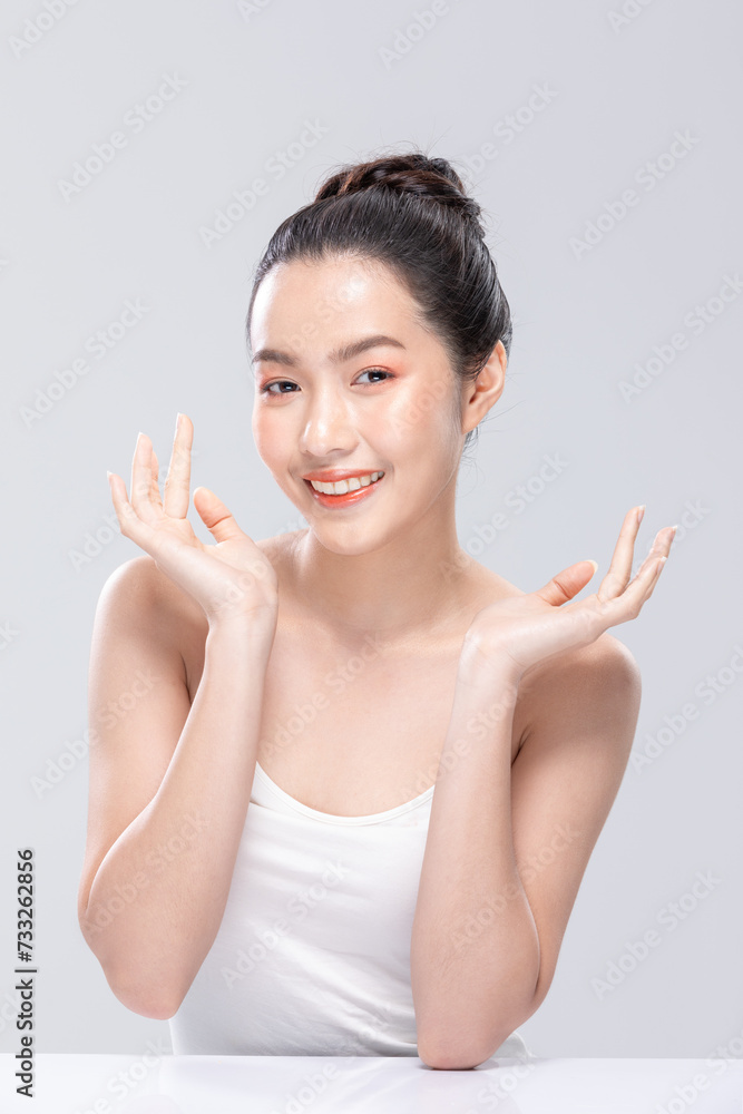 Beautiful Asian woman looking at camera smile with clean and fresh skin Happiness and cheerful with positive emotional,isolated on white background. Beauty and Cosmetics Concept. Proud her self. Beautiful Asian woman looking at camera smile with clean and fresh skin Happiness and cheerful with positive emotional,isolated on white background. Beauty and Cosmetics Concept. Proud her self.
