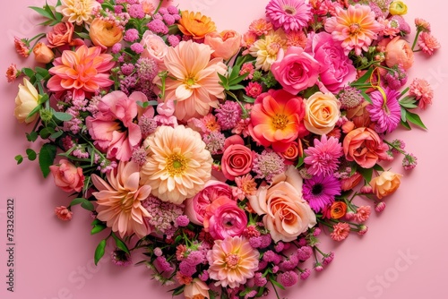 A beautiful heart-shaped arrangement of flowers is displayed on a vibrant pink background.