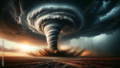 The image portrays a powerful tornado touching down in a barren landscape at sunset, with debris swirling and dark storm clouds overhead.Force of nature concept.AI generated. photo