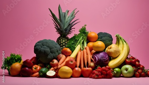 A pile of various fruits and vegetables on a pink background