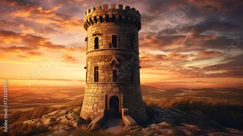 Majestic Watchtower: A Glimpse into History under a Dramatic Sunset Sky