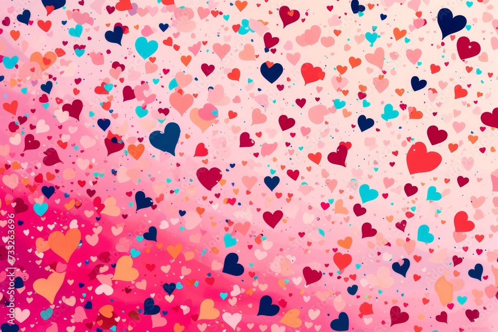 Confetti in pink and blue background featuring hearts.