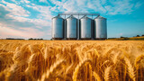 Grain silos in a wheat field at sunset. Agriculture concept