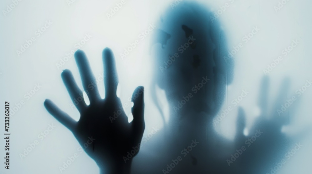 Woman silhouette on grey background. Blurred human hands shape out of focus. Mysterious female portrait.