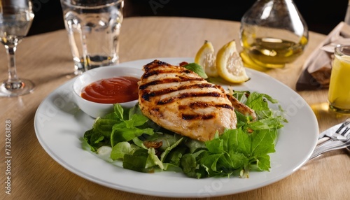 A plate of grilled chicken and salad with a fork and knife