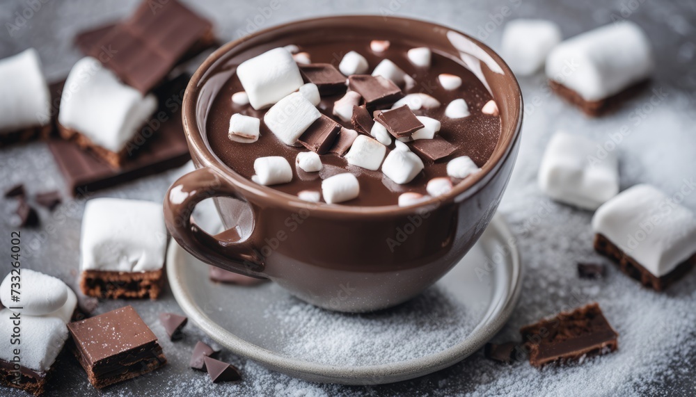 A cup of hot chocolate with marshmallows and chocolate squares A cup of hot chocolate with marshmallows and chocolate squares