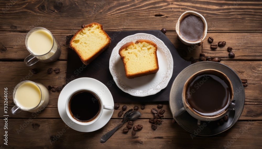 A wooden table with a white plate of bread, a cup of coffee, and a cup of milk A wooden table with a white plate of bread, a cup of coffee, and a cup of milk