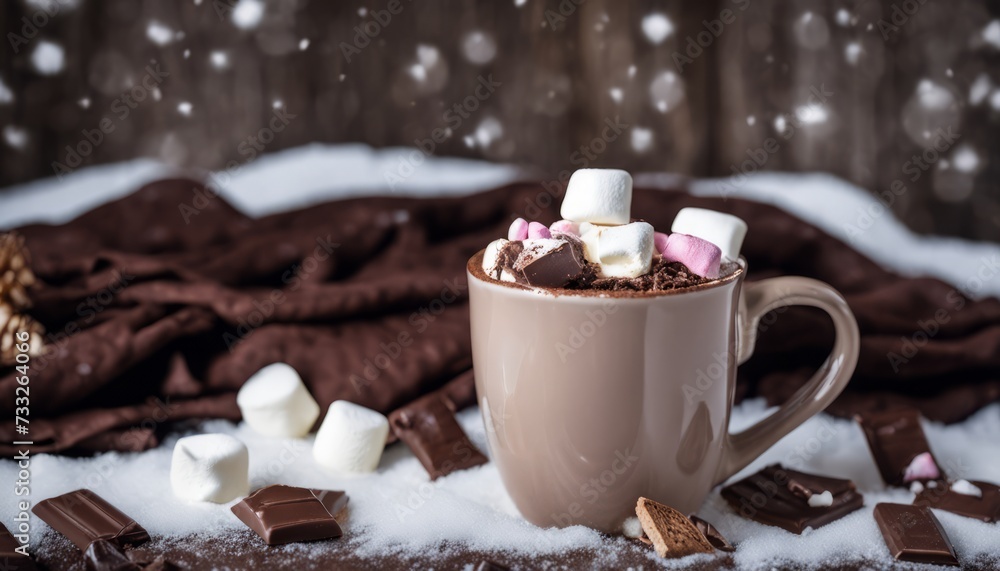 A cup of hot chocolate with marshmallows and chocolate shavings A cup of hot chocolate with marshmallows and chocolate shavings