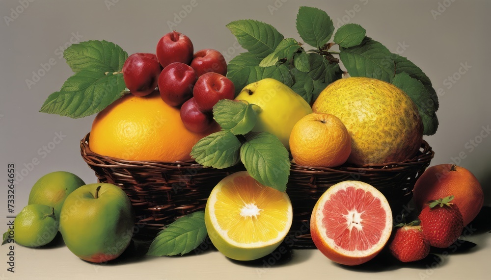 A basket of fruit with apples, oranges, and grapefruit A basket of fruit with apples, oranges, and grapefruit