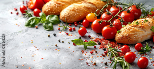Gourmet cooking scene with fresh baguettes, ripe tomatoes, basil, and spices on a textured grey surface. Ideal for culinary websites or food blogs.