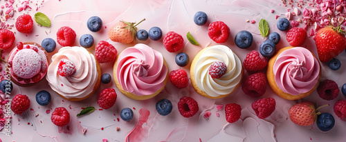 A vibrant display of cupcakes adorned with colorful icing, surrounded by an assortment of fresh berries on a pink backdrop. Ideal for website header or banner design.