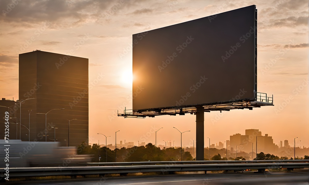 Billboard standing tall beside a bustling highway under a moody sunset sky Billboard standing tall beside a bustling highway under a moody sunset sky