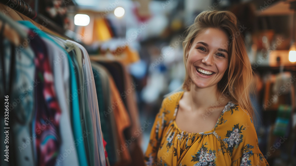 Young woman business owner of a second-hand clothing shop Young woman business owner of a second-hand clothing shop
