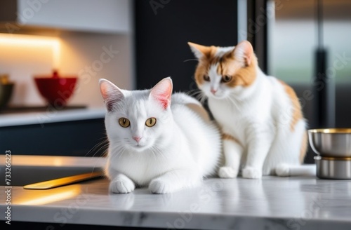 photograph of two  a cat and a cat  in a bright kitchen  play of light and shadows  captured emotions