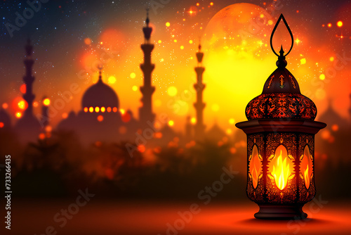 Illuminated lamp of Ramadan Kareem with serene mosque background in the evening sky. © Jhon