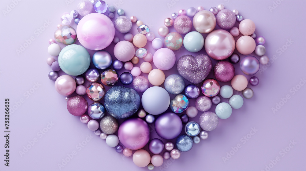 Heart-shaped arrangement of pastel colored beads and pearls on purple background, love concept Heart-shaped arrangement of pastel colored beads and pearls on purple background, love concept