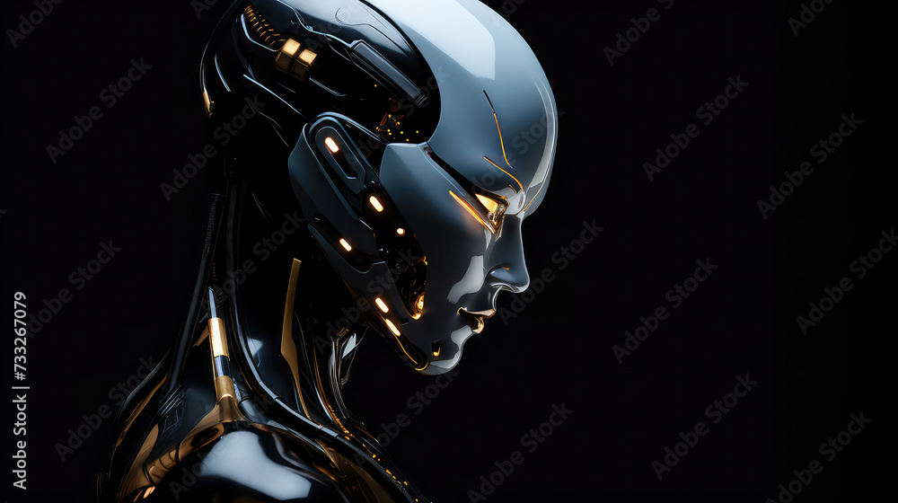Human looking robot cyborg face dark background Human looking robot cyborg face dark background