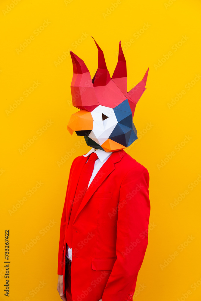 Cool man wearing colorful stylish suit with 3d origami animal funny mask on isolated colored background Cool man wearing colorful stylish suit with 3d origami animal funny mask on isolated colored background
