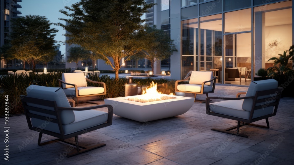 outdoor seating area with several chairs arranged around a fire pit on residential house terrace outdoor seating area with several chairs arranged around a fire pit on residential house terrace