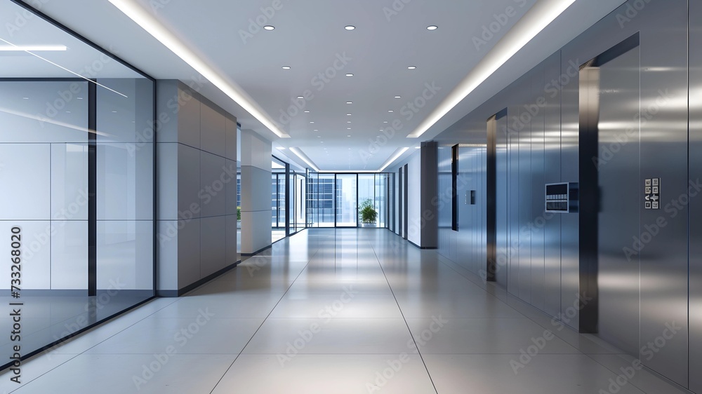 The hallway of a modern corporate building with a sleek design, featuring reflective surfaces, glass panels, and a minimalist aesthetic.
