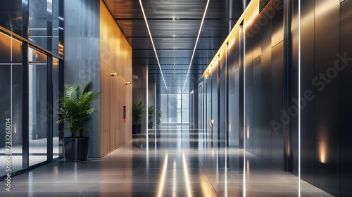 This modern office corridor is designed with sleek lines  ambient lighting  and live green plants  creating a sophisticated and welcoming business environment.
