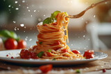 Tasty appetizing classic Italian spaghetti pasta with tomato sauce, cheese parmesan and basil on plate, taking with fork